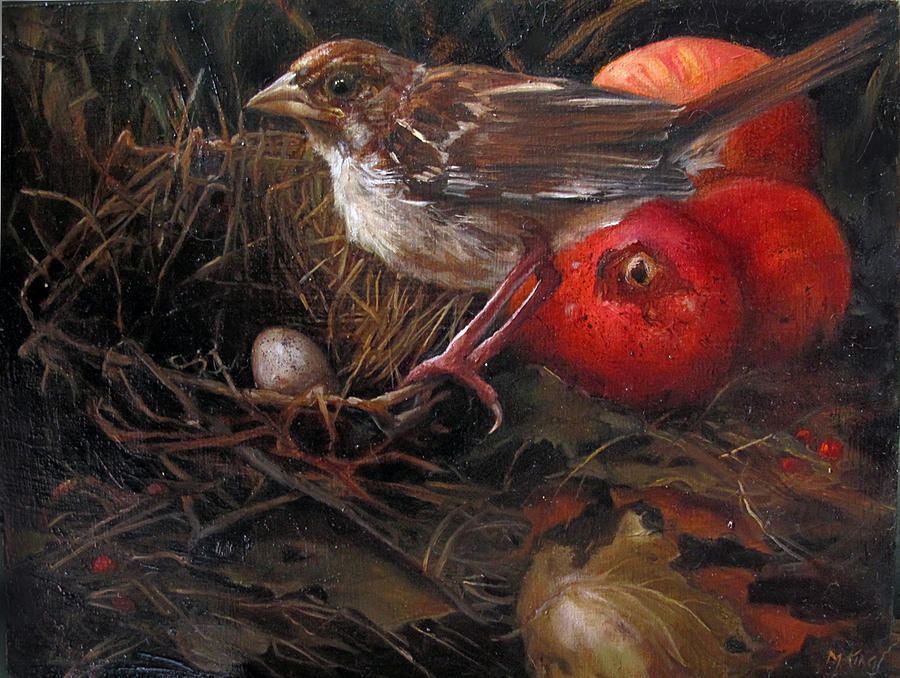 Fall Painting - Fallen Nest and Sparrow by Margot King