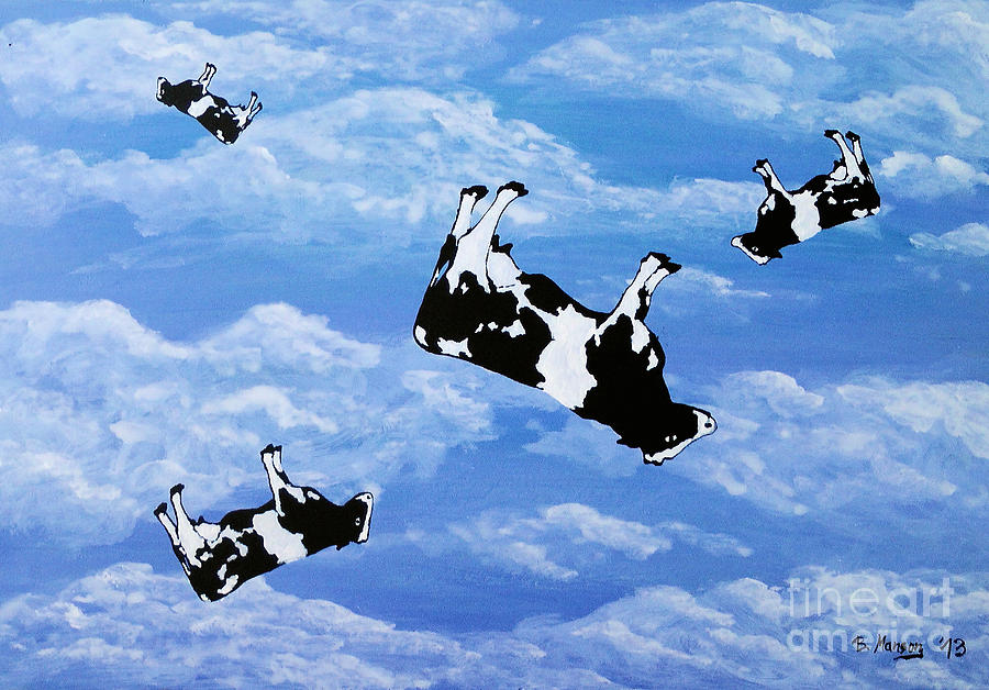 Cow Painting - Falling Cows by Bela Manson