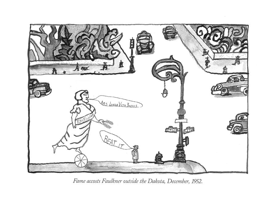Fame Accosts Faulkner Outside The Dakota Drawing by Saul Steinberg