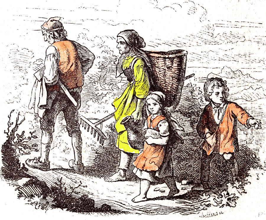 Vintage Drawing - Family Coming Back From The Field 1855 Woman Man Mother by English School