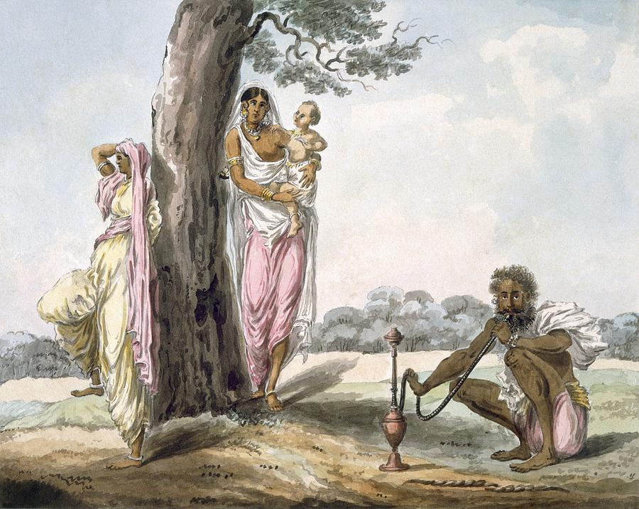 Family Man Smoking A Hookah And Girl Drawing by Indian School