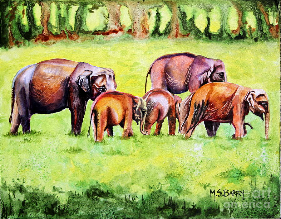 Family of Elephants Painting by Maria Barry