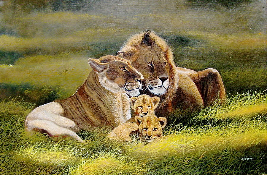 Family of Lions Painting by Wycliffe Ndwgia