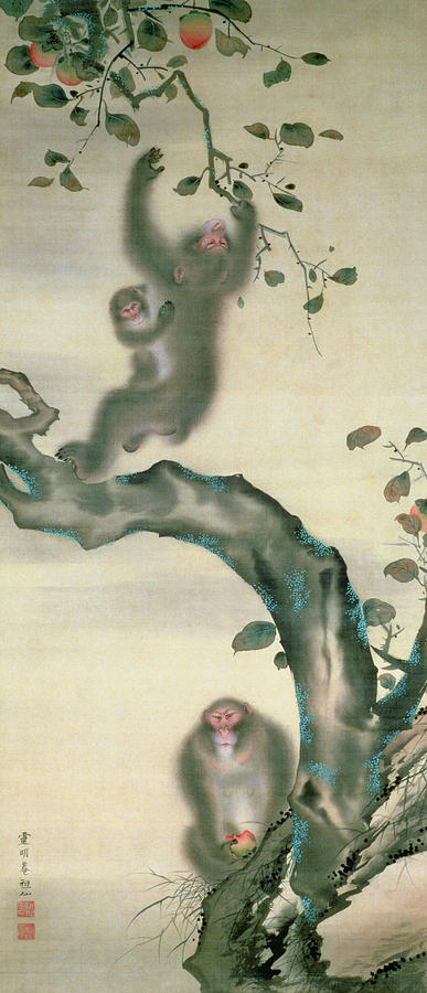 Family Of Monkeys In A Tree Painting by Japanese School