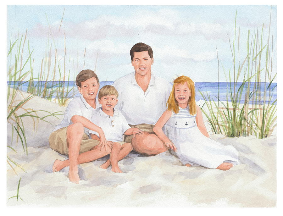 Family On Beach Watercolor Portrait Drawing by Mike Theuer