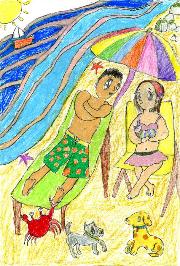 Family on the Beach by Olivia Yang 2nd Grade Drawing by California Coastal Commission