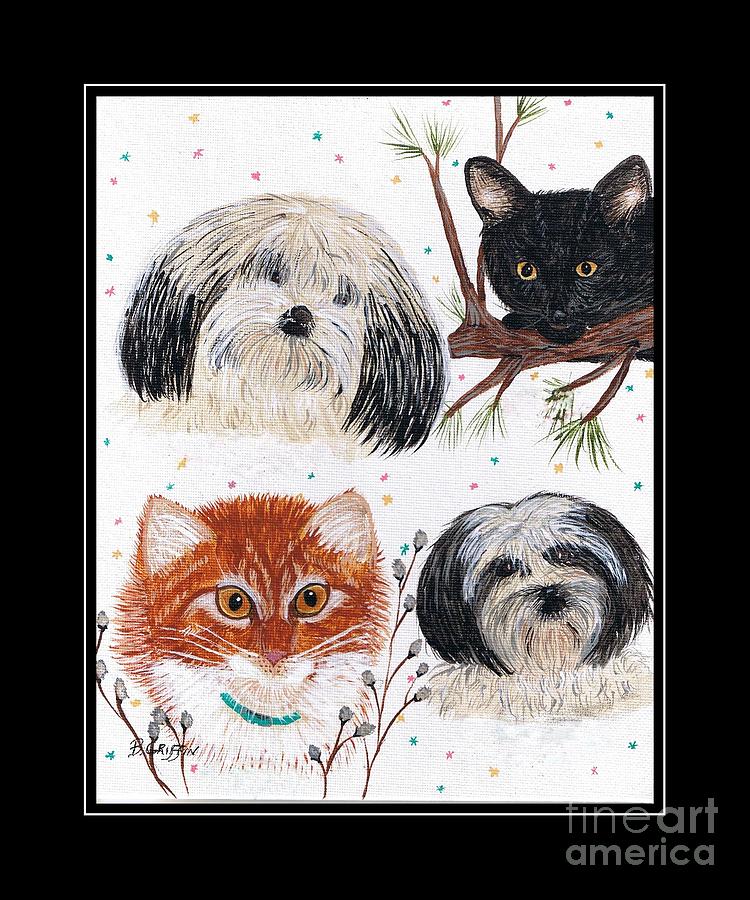 Cat Painting - Family Pets with Black Border by Barbara A Griffin