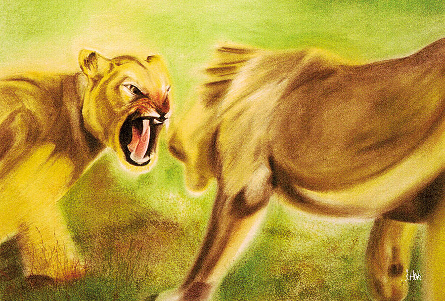 Lion Pastel - Family Squabble by John Hebb