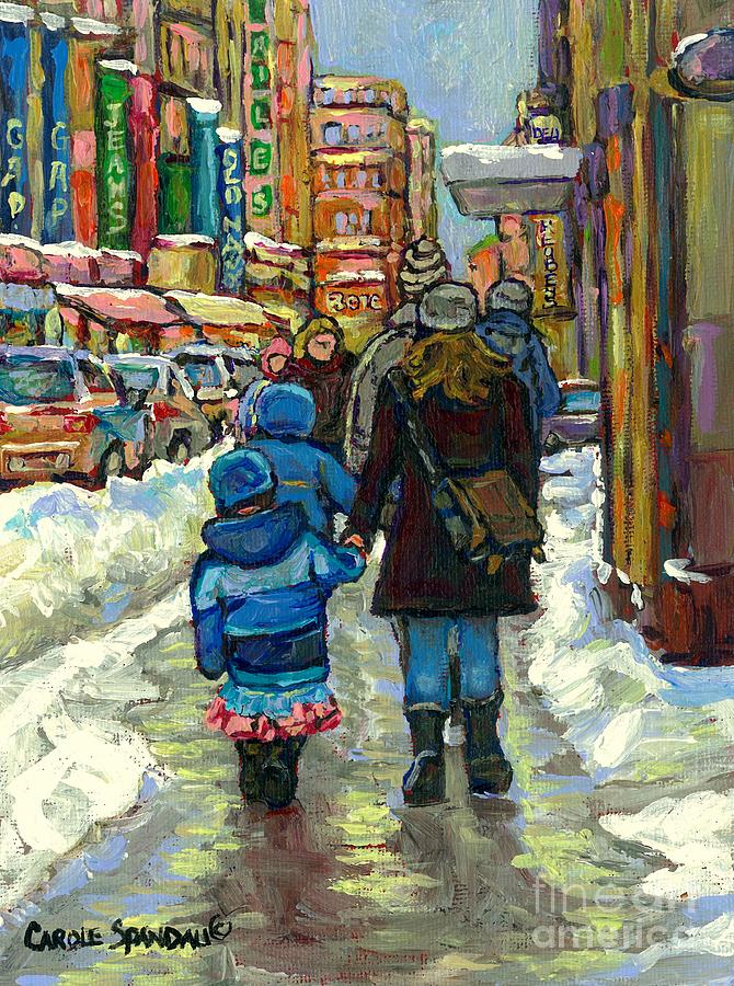 Downtown Montreal Painting - Family Stroll Beautiful Winter Day Downtown Canadian Snowscene Paintings Best Montreal Art For Sale by Carole Spandau