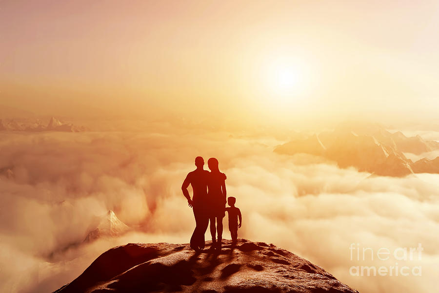 Family together on mountain looking on sunset Photograph by Michal Bednarek