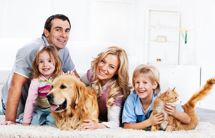 Family with animals sitting on the carpet Photograph by Skynesher