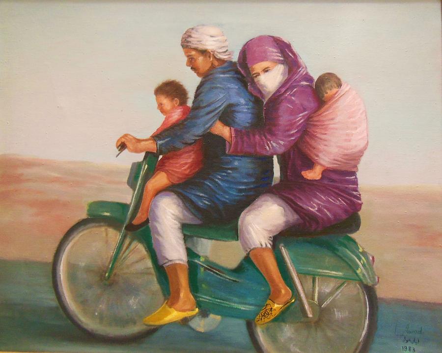 Family on Motorcycle Painting by Laila Awad Jamaleldin
