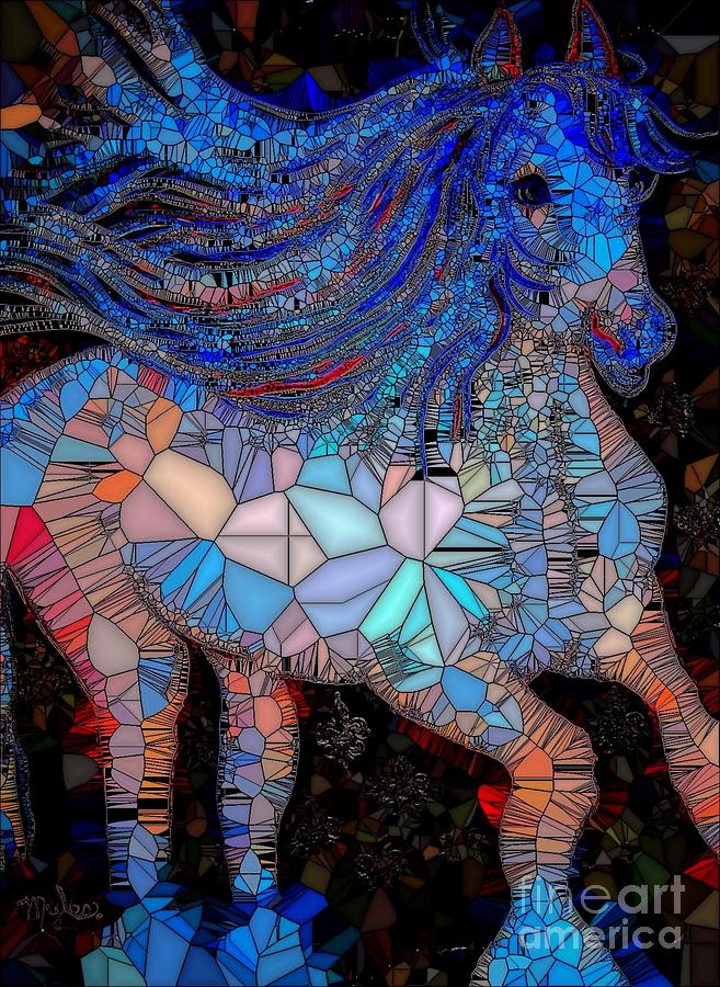 Horse Painting - Fantasy Horse Mosaic Blue by Saundra Myles