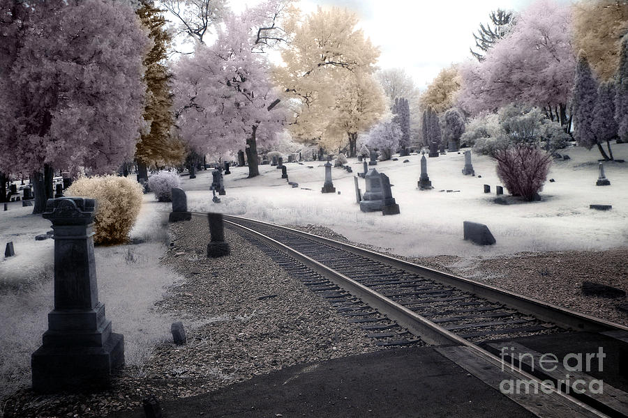Cemetery Photograph - Cemetery Fantasy Surreal Infrared Graveyard With Railroad Tracks - No Rest For The Dead by Kathy Fornal