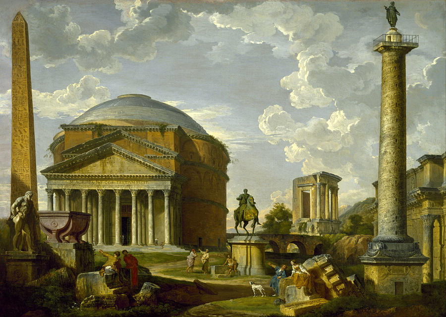 Fantasy View with the Pantheon and other Monuments of Ancient Rome Painting by Giovanni Paolo Panini