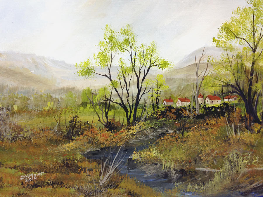 Farm along the river Painting by Dorothy Maier
