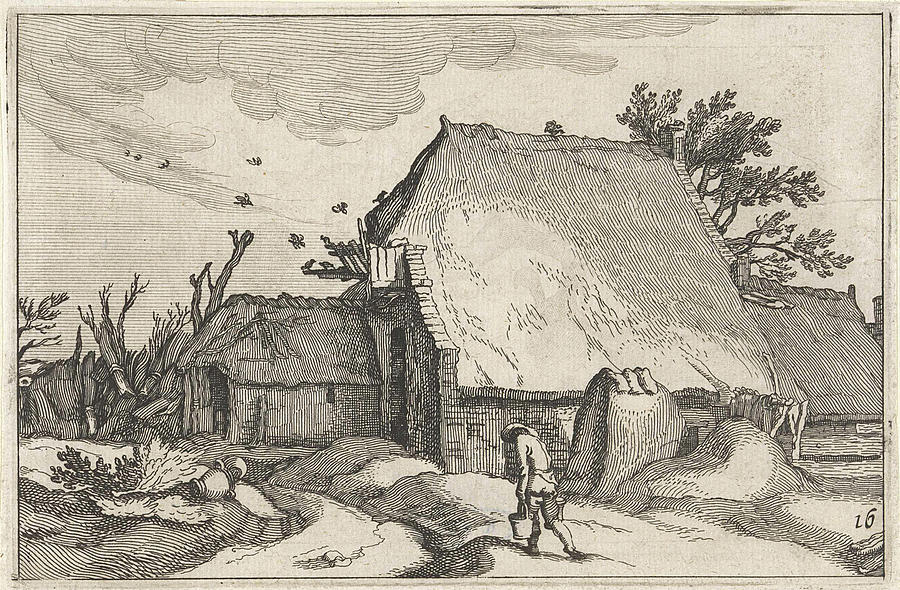 Abraham Bloemaert Drawing - Farm And Man With Two Buckets by Claes Jansz. Visscher Ii And Abraham Bloemaert And Boetius Adamsz. Bolswert