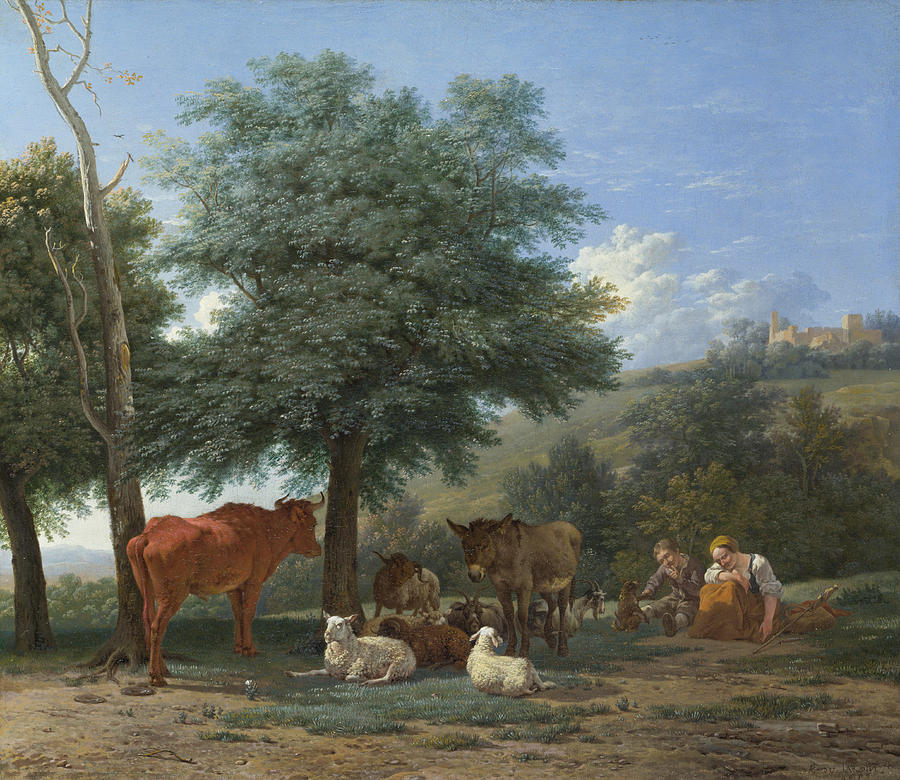 Farm Animals with a Boy and Herdswoman Painting by Karel Dujardin