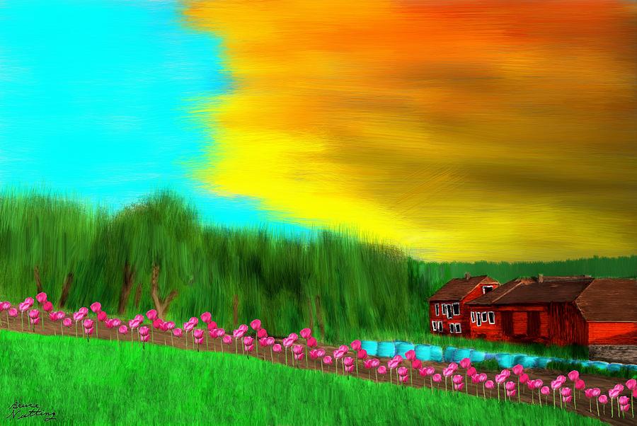 Sunset Painting - Farm in Norway at Sunset with Tulips by Bruce Nutting