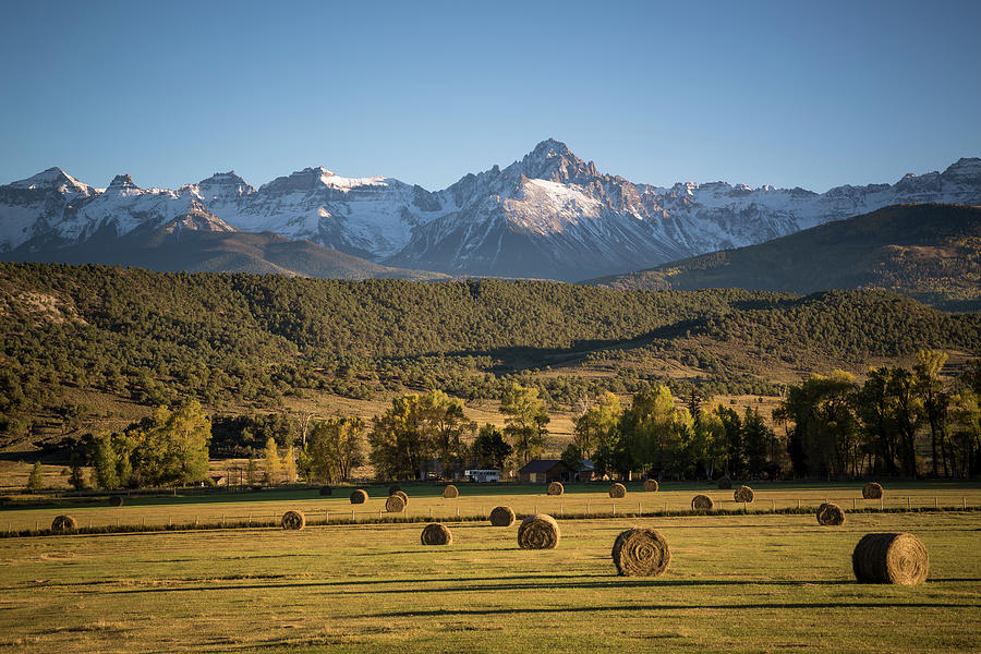 Nature Photograph - Farm Ranch Scene With Large Hay Bales by Whit Richardson