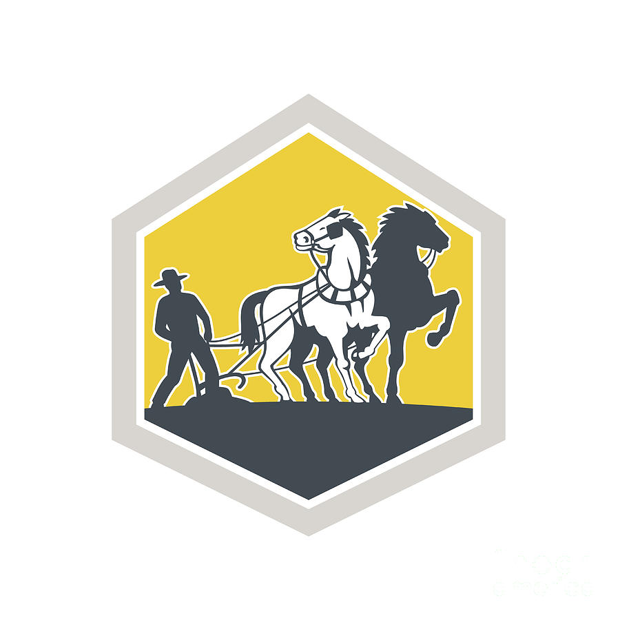 Horse Digital Art - Farmer and Horses Plowing Field Crest Retro by Aloysius Patrimonio