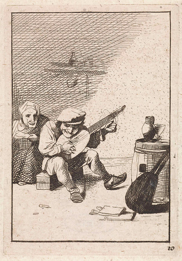 Person Drawing - Farmer Plays The Lute, David Teniers II, Anonymous by David Teniers Ii And Anonymous