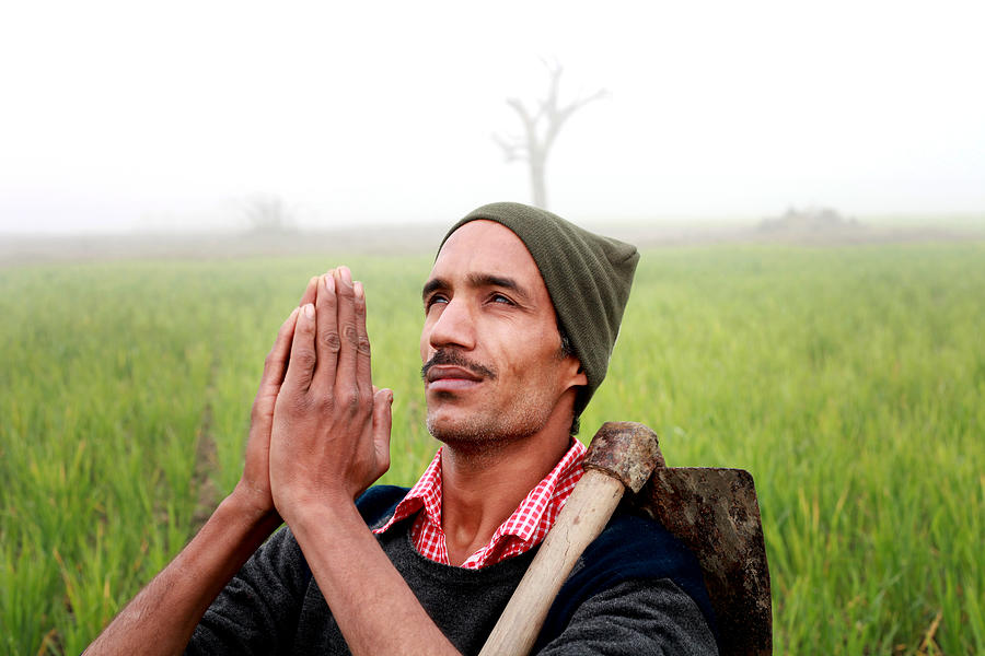 Farmer praying to god for good wheat crop Photograph by Pixelfusion3d
