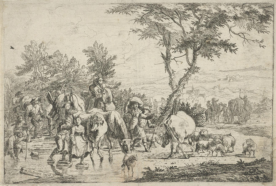 Farmers Stabbing A Creek With Their Flock Drawing by H. Pielmans - Fine ...