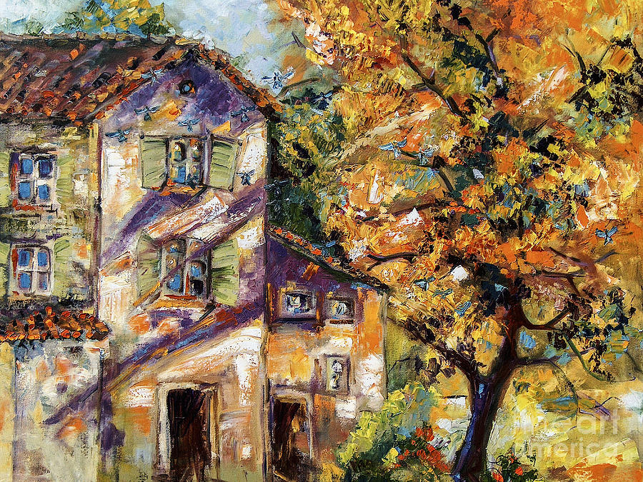 Farmhouse Autumn Tree and Afternoon Sun Painting by Ginette Callaway