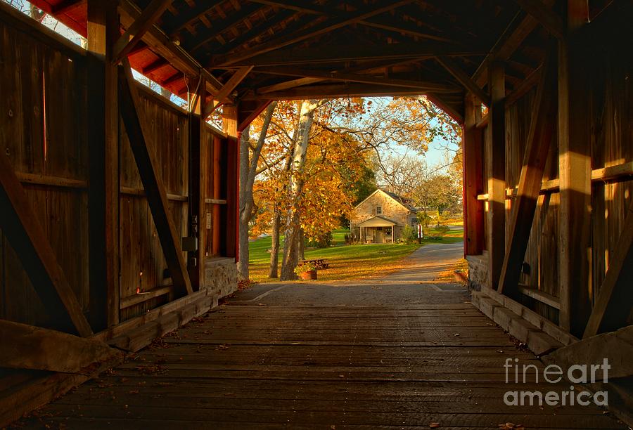 Pool Forge Photograph - Farmhouse Through The Poole Forge Covered Bridge by Adam Jewell