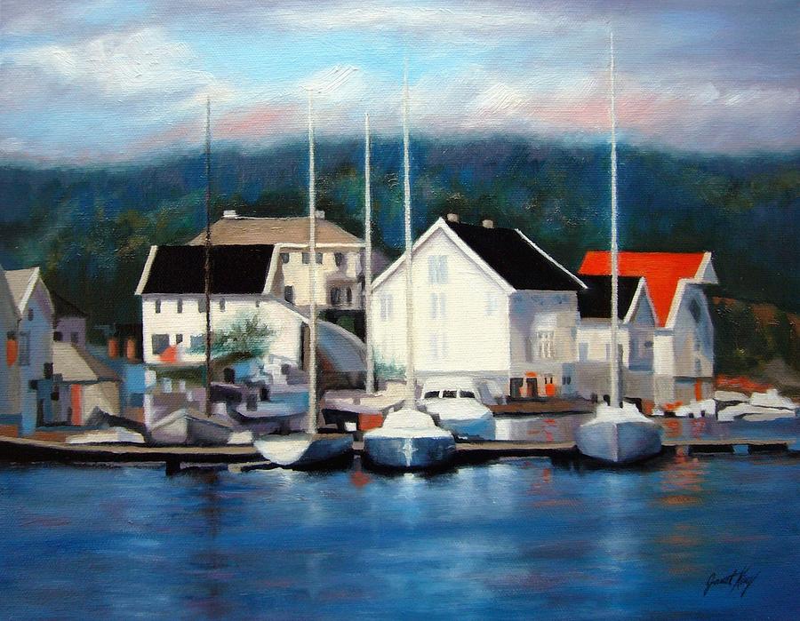 Boat Painting - Farsund Dock Scene Painting by Janet King