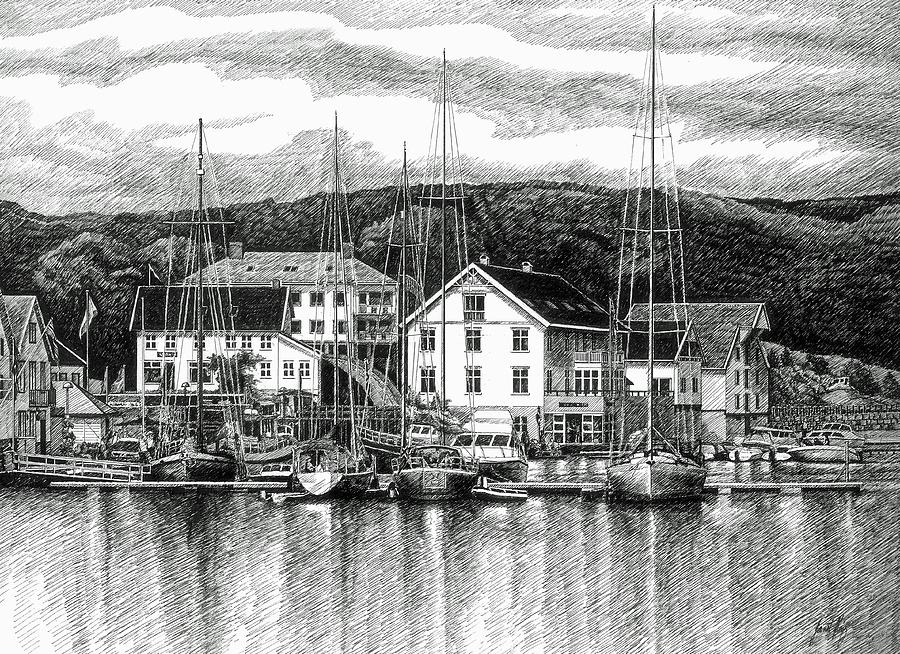 Farsund Dock Scene Pen and Ink Drawing by Janet King