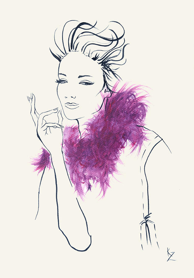 Fashion illustration -  lady with pink/Purple fur collar.  Painting by Kate Zucconi