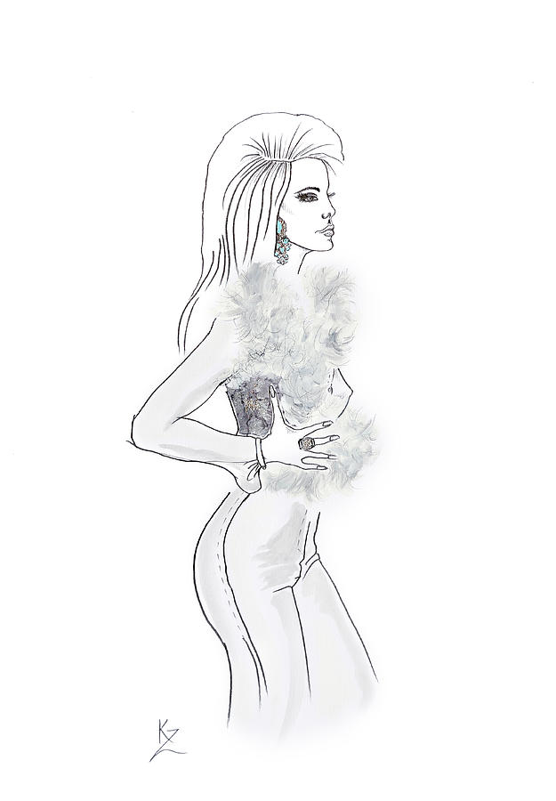 Fashion illustration - glamorous woman in white fur trim gilet. Painting by Kate Zucconi