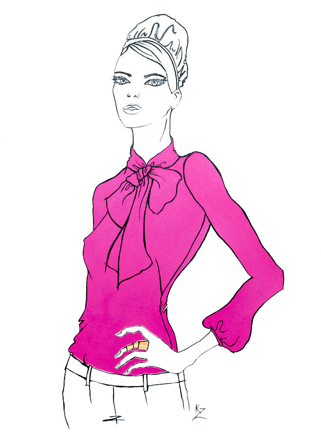 Fashion illustration - model in fuchsia pink pussycat bow blouse. Painting by Kate Zucconi