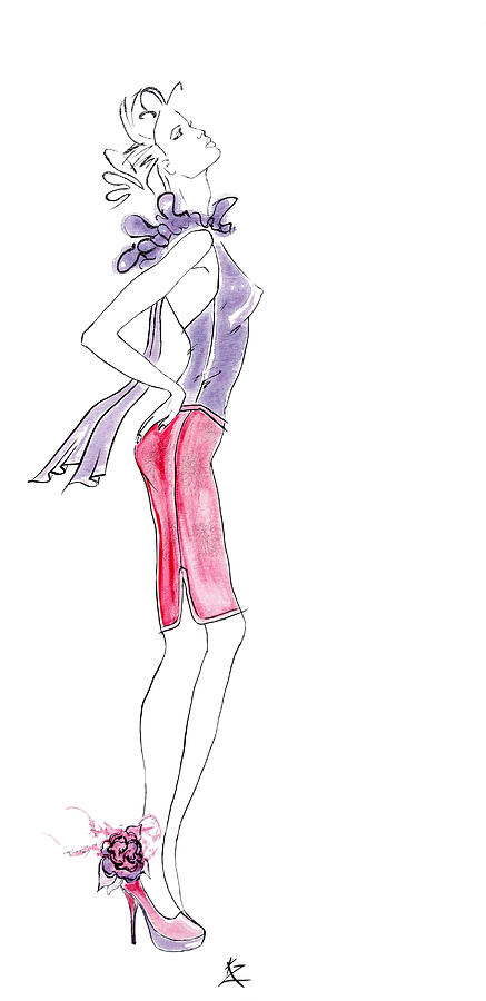 Fashion illustration - model in purple top pink skirt and high heels.    Painting by Kate Zucconi