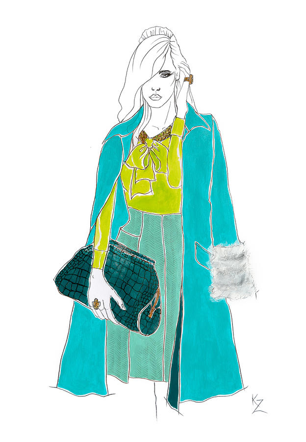 Fashion illustration-painting model jade green coat silk blouse tweed skirt. Painting by Kate Zucconi