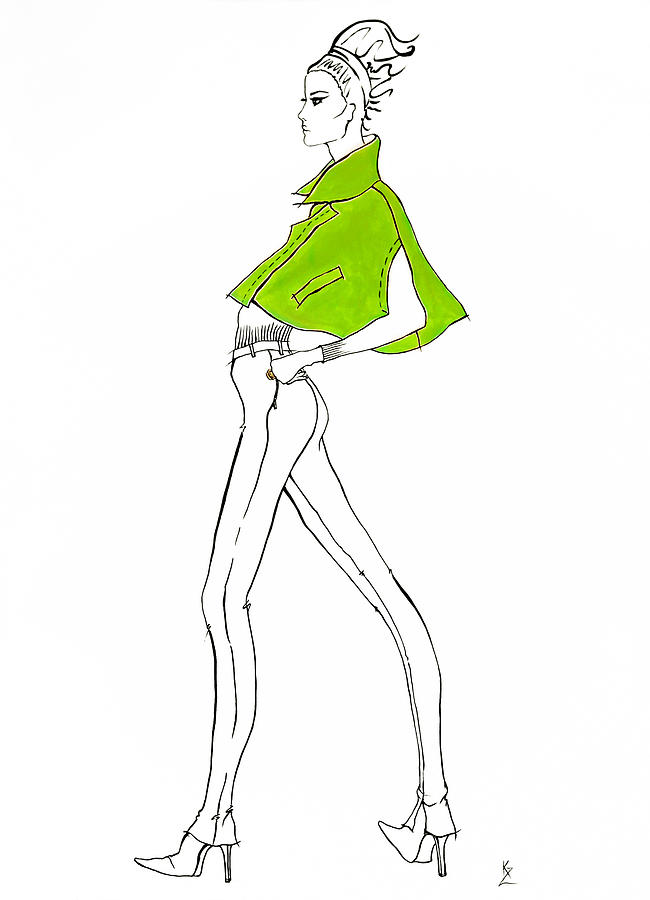 Fashion illustration fashion model in lime green cape with skinny jeans and high heels. Painting by Kate Zucconi