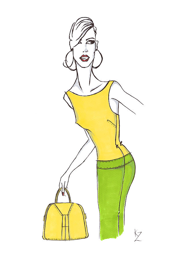 Fashion illustration - stylish model with yellow boatneck top and bag and green pencil skirt Painting by Kate Zucconi