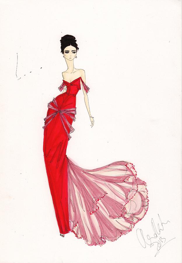 Fashion Illustration Venetian Red Dress Drawing by Alex Newton - Fine ...