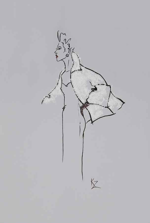 Fashion illustration - vintage style sketch lady in white fur swing jacket Painting by Kate Zucconi