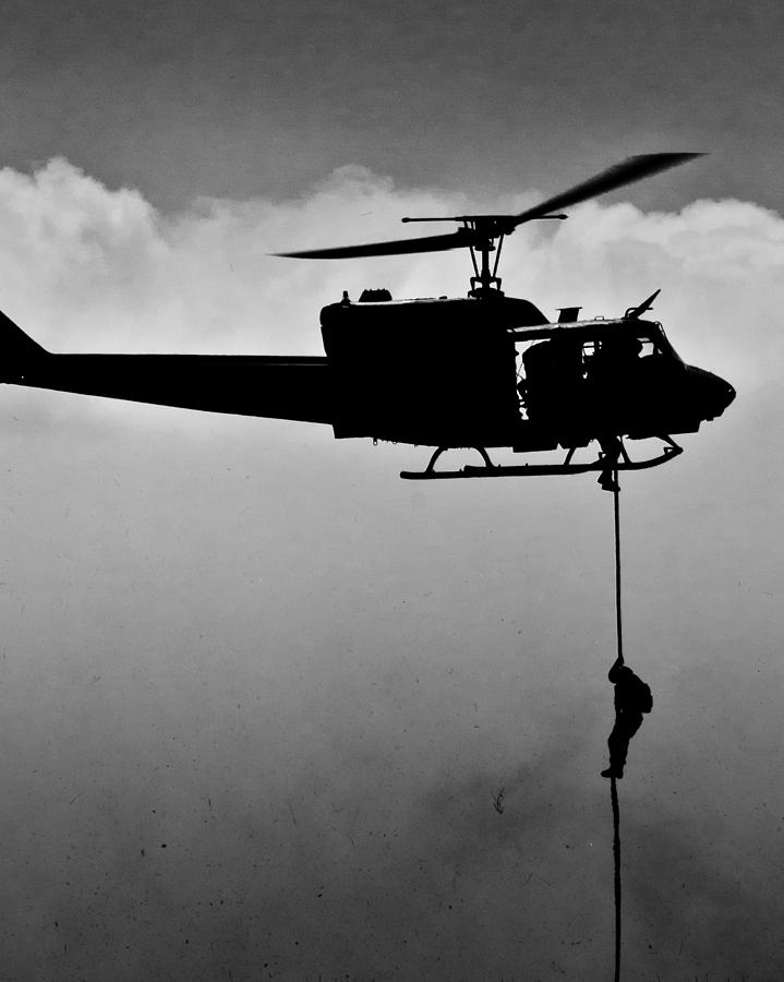 Black And White Photograph - Fast Rope from Huey by Alex Snay