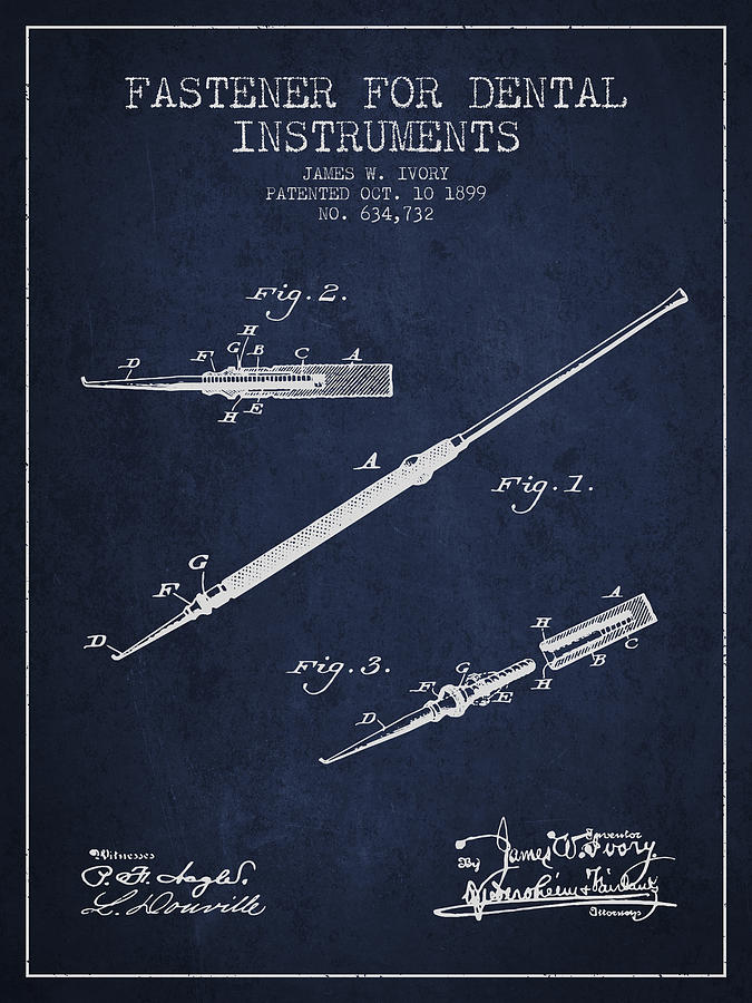 Pliers Digital Art - Fastener for dental instruments Patent from 1899 - Navy Blue by Aged Pixel