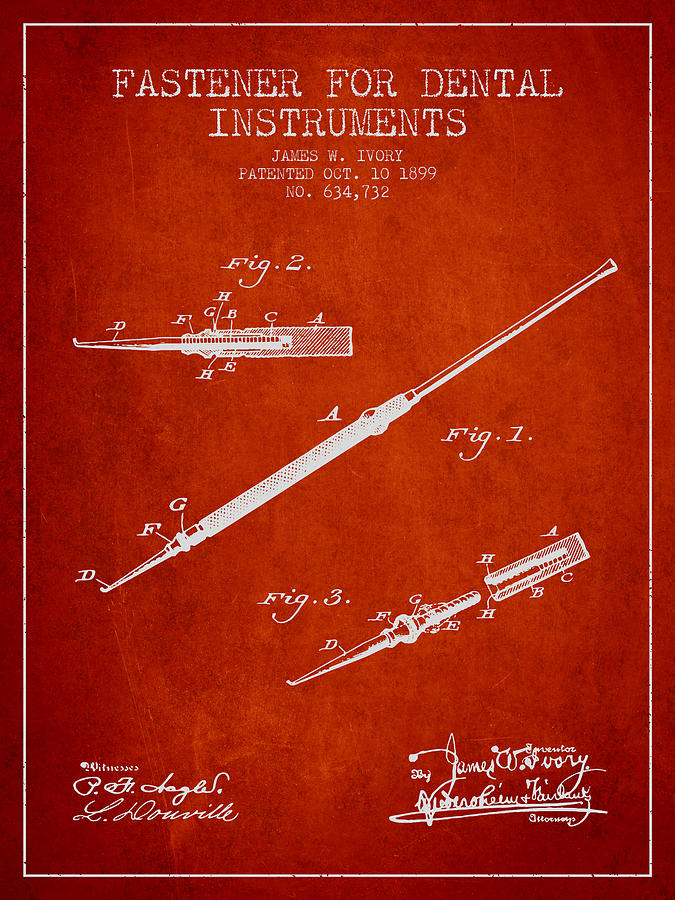 Pliers Digital Art - Fastener for dental instruments Patent from 1899 - Red by Aged Pixel