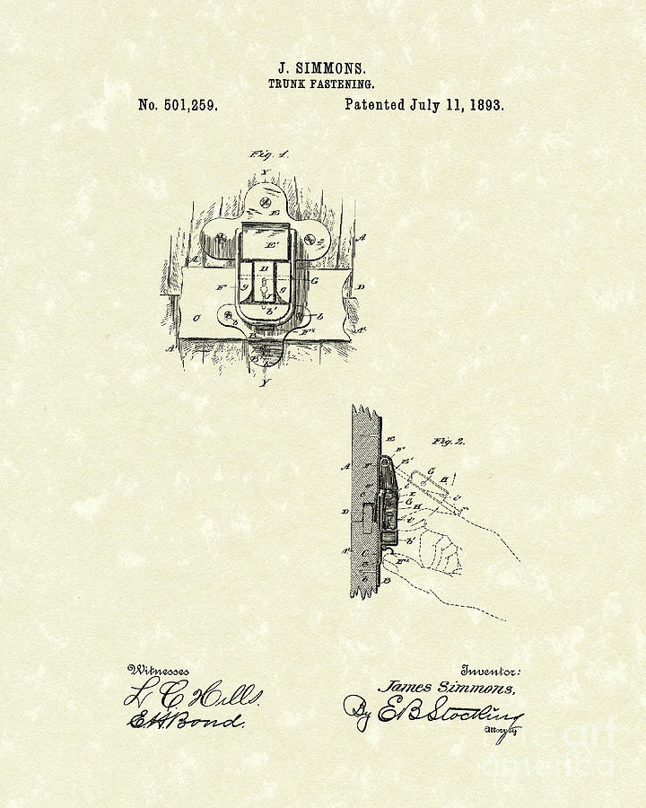 Simmons Drawing - Fasteners 1893 Patent Art by Prior Art Design