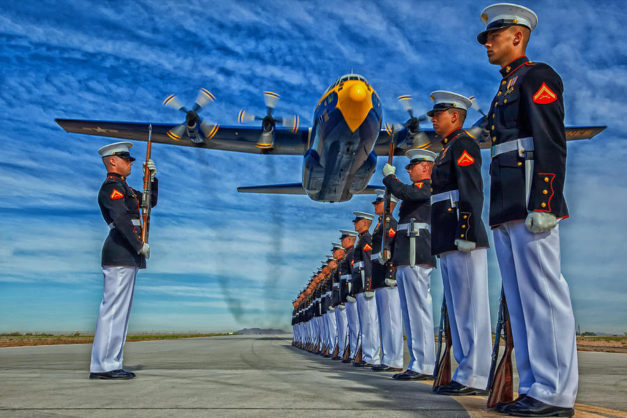 Platoon Movie Photograph - Fat Albert over the USMC Silent Drill Team by Mountain Dreams