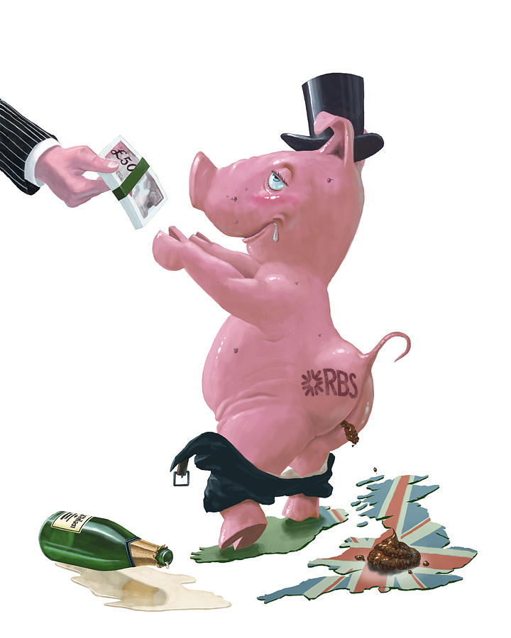 Pig Painting - Fat British Bank Pig Getting Government Handout by Martin Davey