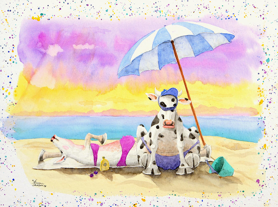 Fat Cows on a Beach 2 Painting by Sam Davis Johnson