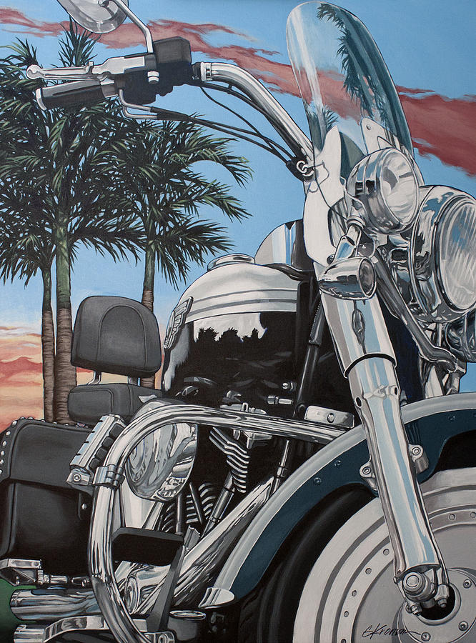 Harley Davidson Painting - Fatboy Sunset by Gary Kroman