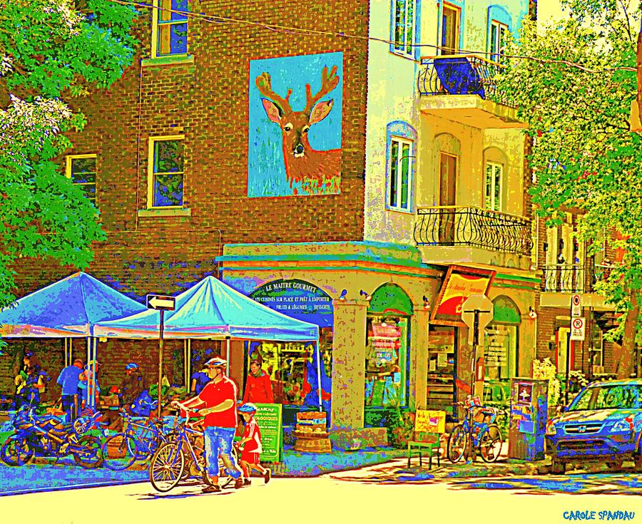 Deer Painting - Father And Son Bike By Le Maitre Gourmet Marche Laurier Street Scene Art Of Montreal Carole Spandau by Carole Spandau